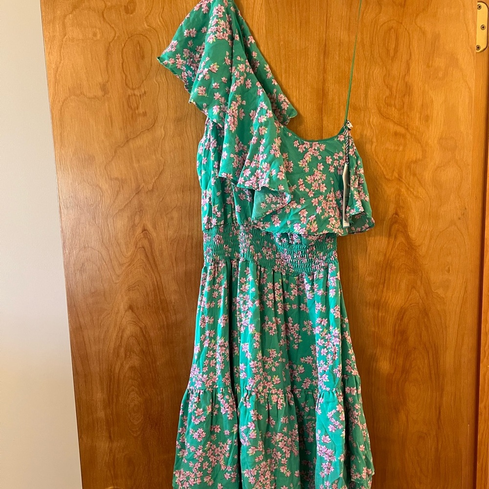 Draper James RSVP Ruffle Smocked One Shoulder Dress Green Pink Floral NWT Small